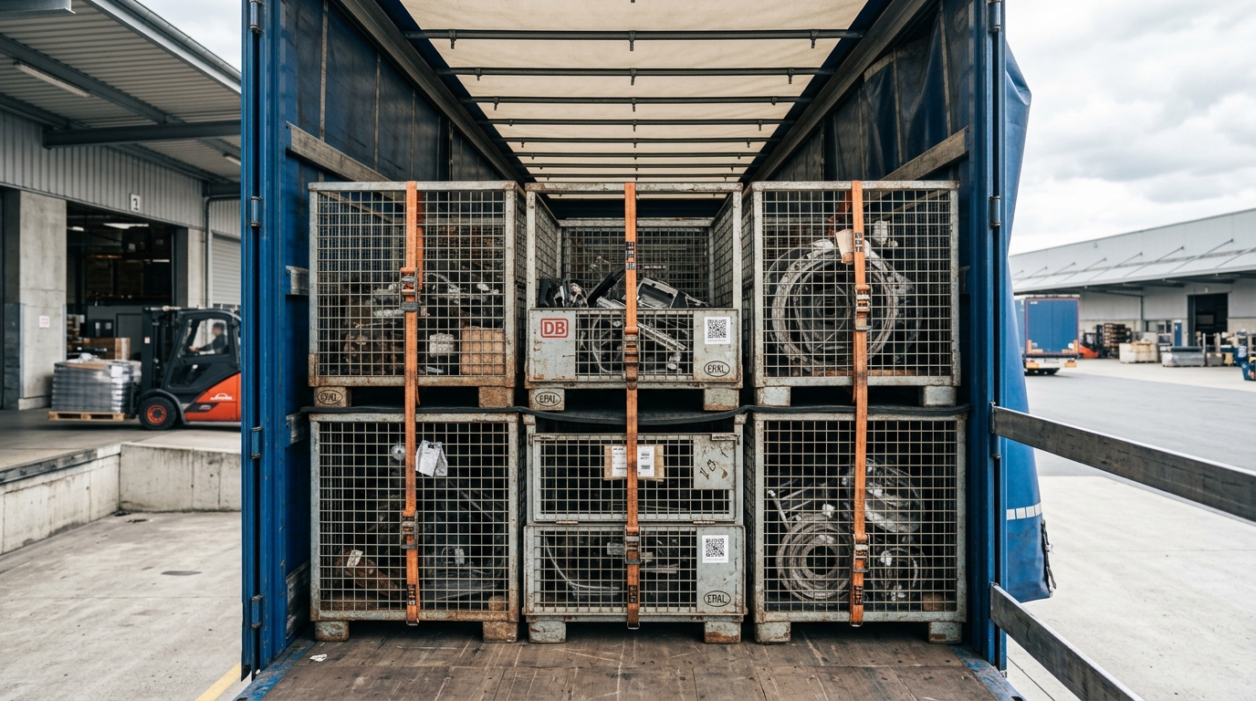 Gitterboxy załadowane na naczepie firankowej, zabezpieczone pasami