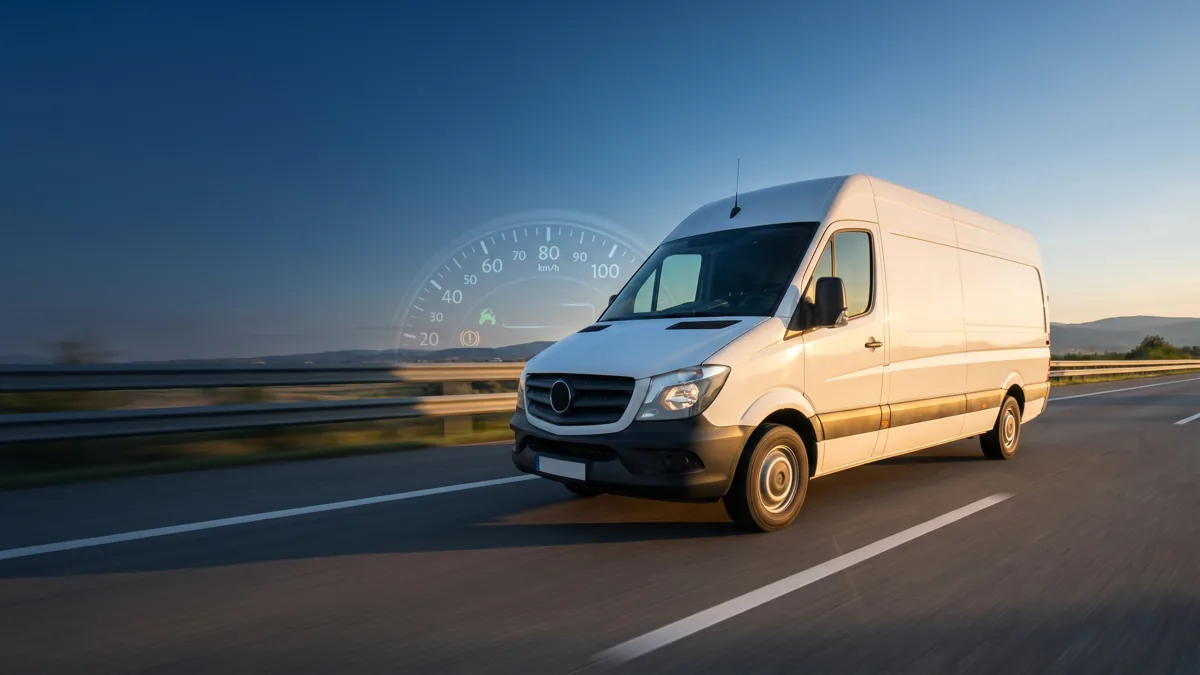 Furgone bianco 3,5 tonnellate in autostrada con quadro tachigrafo, cronotachigrafo obbligatorio dal 1 luglio 2026