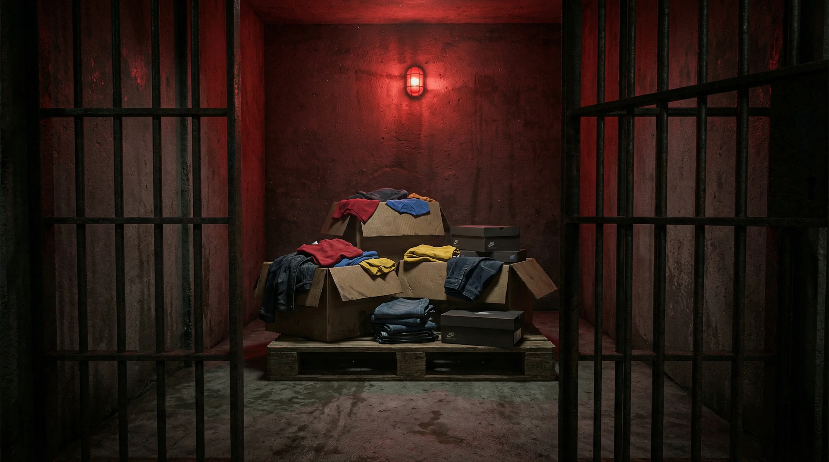 Euro pallet with clothing boxes behind prison bars - symbolising penalties for missing SENT registration